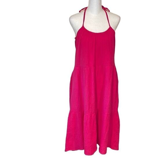 Six‎ Fifty Women's Tie Shoulder Dress Sleeveless Summer Tiered Midi Pink Small - Picture 1 of 9